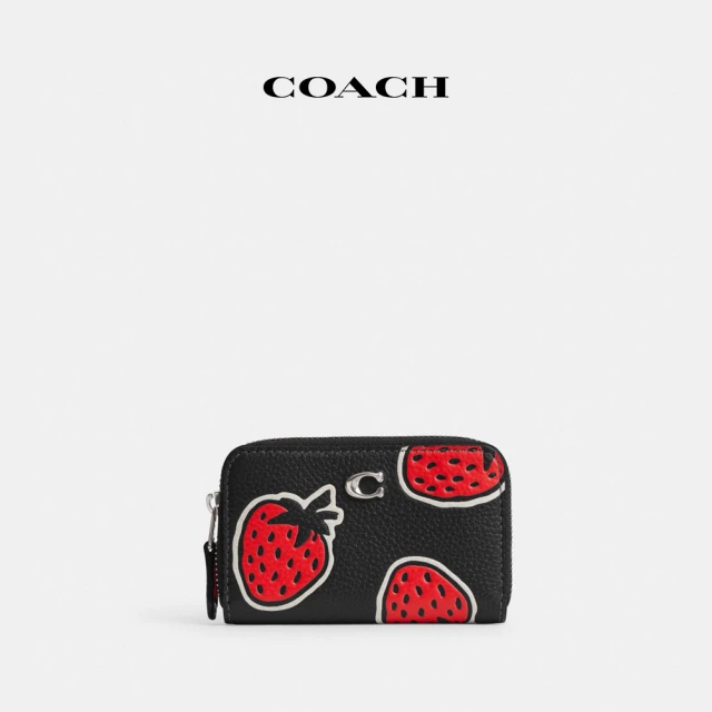 COACH 草莓印花小號環繞式拉鍊卡夾-LH/混合黑色(CT907)