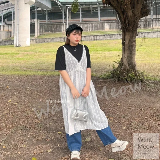 【Want-Meow】100公斤可穿/日系吊帶長版蕾絲長版背心/中大尺碼背心/大尺碼背心/罩衫(大碼/大尺碼/加大碼)