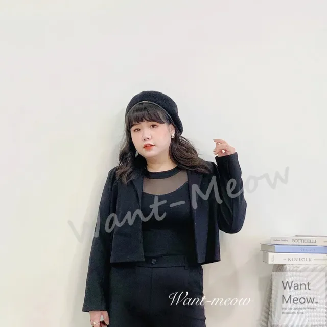 【Want-Meow】90公斤可穿 修身短版金釦西裝外套 中大尺碼 大碼 大尺碼西裝外套(大碼/大尺碼/加大碼)