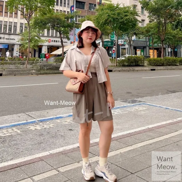 【Want-Meow】90公斤可穿/自訂款韓系百搭短版襯衫/大尺碼襯衫(大碼/大尺碼/加大碼/短版襯衫)