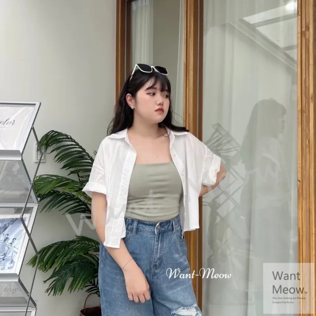 【Want-Meow】90公斤可穿/自訂款韓系百搭短版襯衫/大尺碼襯衫(大碼/大尺碼/加大碼/短版襯衫)