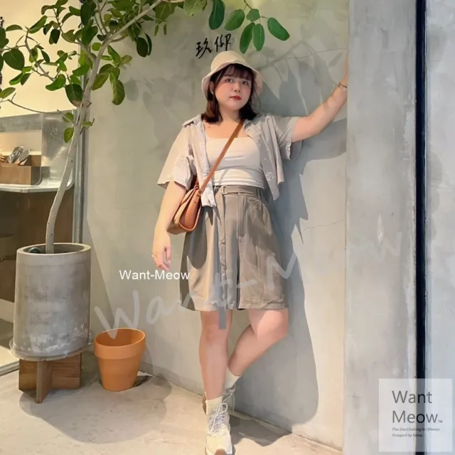 【Want-Meow】90公斤可穿/自訂款韓系百搭短版襯衫/大尺碼襯衫(大碼/大尺碼/加大碼/短版襯衫)