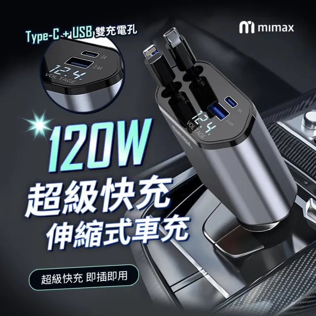 【小米有品】米覓 mimax 120W 超級快充伸縮式車充(Type-C USB 雙充電孔 伸縮充電線)