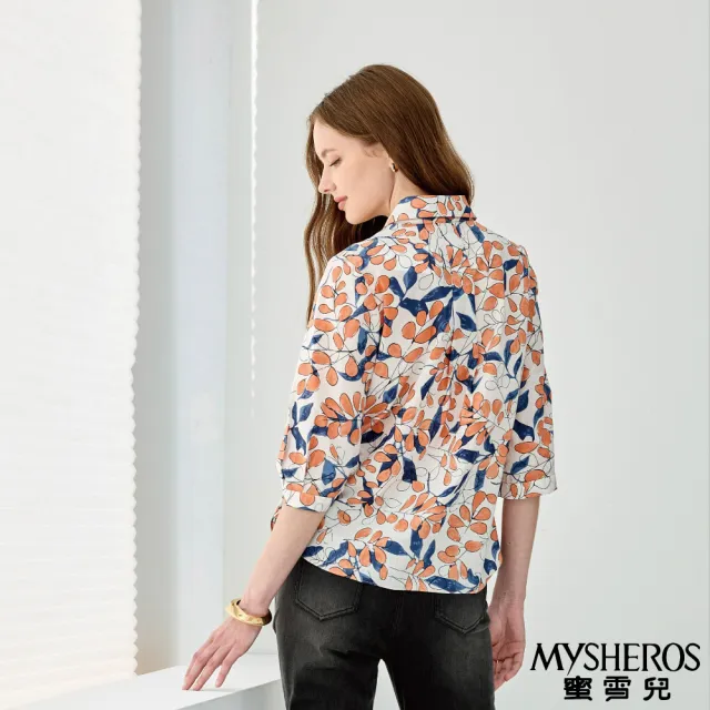 【MYSHEROS 蜜雪兒】純棉造型襯衫上衣 翻領半排釦 滿版優雅滿版葉印花(橙)