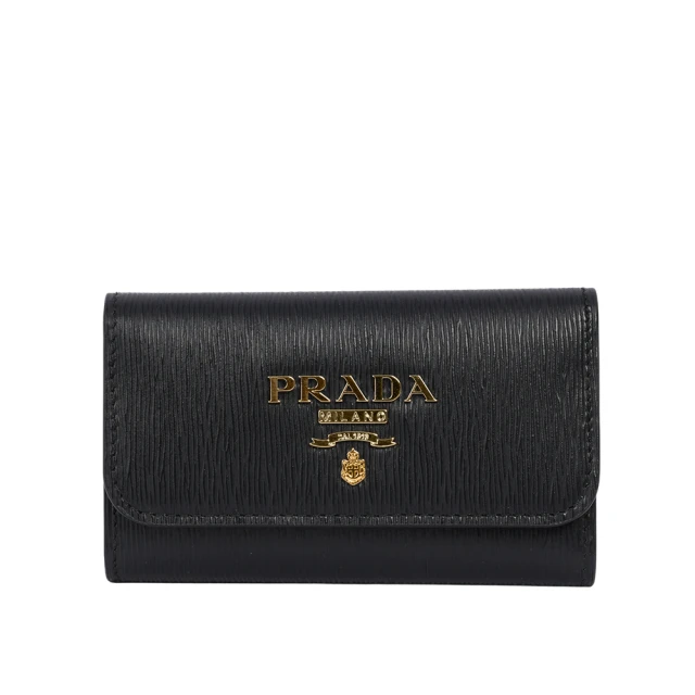 PRADA 普拉達 浮雕Logo 水波紋皮革壓釦六孔鑰匙包(黑色)