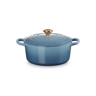 【Le Creuset】典藏琺瑯鑄鐵鍋圓鍋22cm(藍色迷霧-金頭-內鍋白)