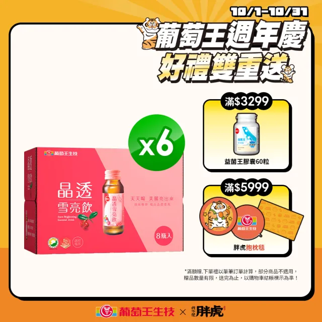 【葡萄王】晶透雪亮飲8入x6盒 共48瓶(乳酸菌 賽洛美 熊果素 GABA 甘氨酸亞鐵 德國水解膠原蛋白)