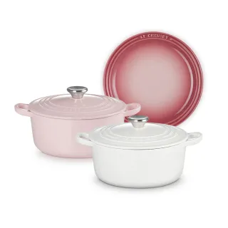 【Le Creuset】琺瑯鑄鐵鍋圓鍋22cm 雪紡粉/棉花白 2色選1(贈圓盤 23cm)