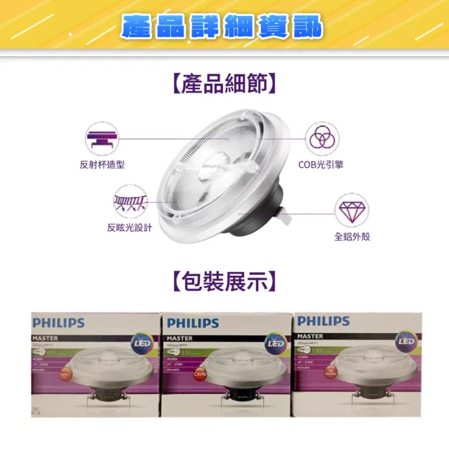 【Philips 飛利浦】2入 LED  AR111 15W 24度 927 黃金光 12V 杯燈 燈泡(可調光)