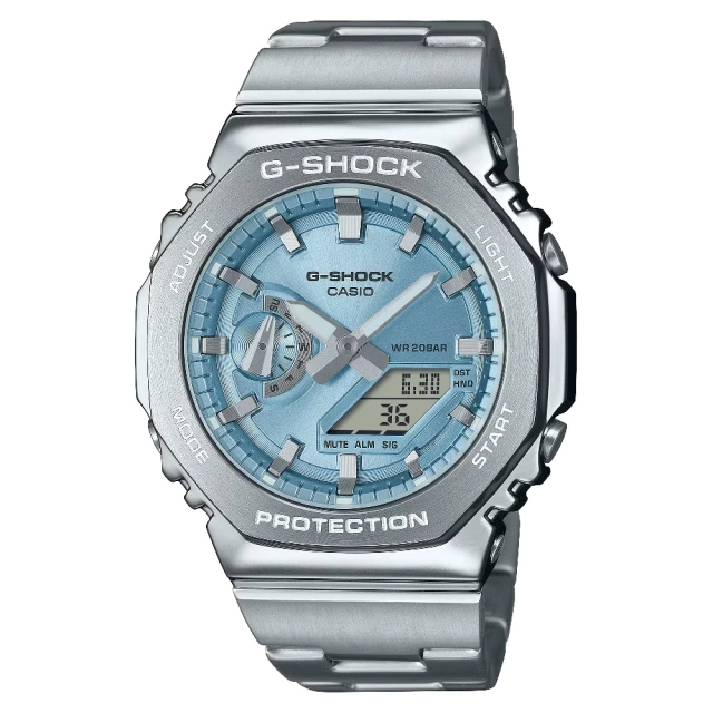 CASIO 卡西歐 G-SHOCK 2100 系列 八角形金屬雙顯錶 天藍色面 44.4 mm(GM-2110D-2A)