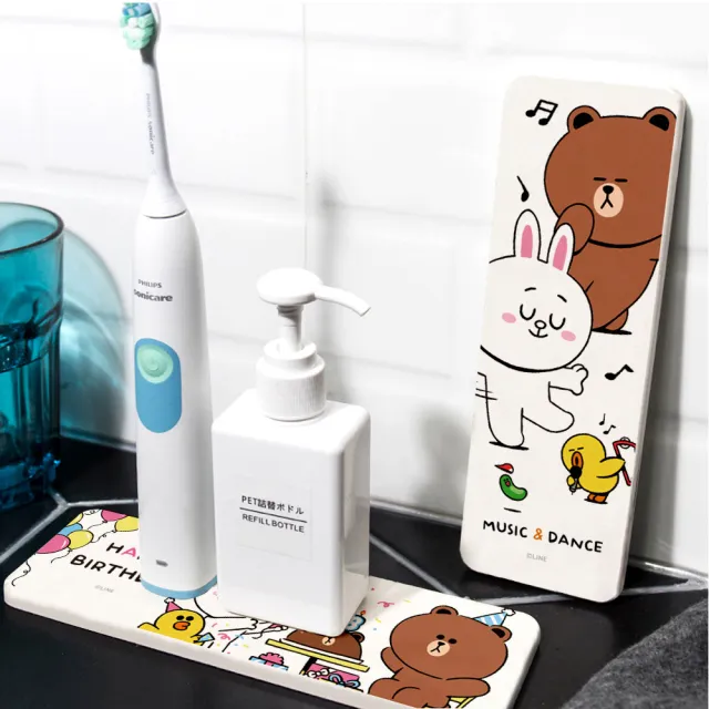 【SONA森那家居】LINE Friends - 硬式珪藻土洗漱墊 台灣製造 吸水 珪藻土 洗漱墊 防潮 杯墊(24x8x0.9 cm)