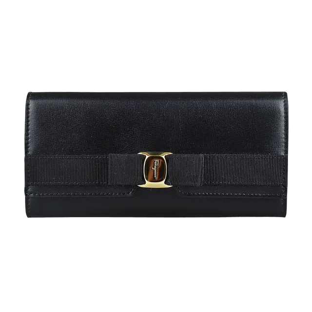 【Salvatore Ferragamo】SALVATORE FERRAGAMO VARA草寫LOGO釦式10卡蝴蝶結牛皮長夾(黑)
