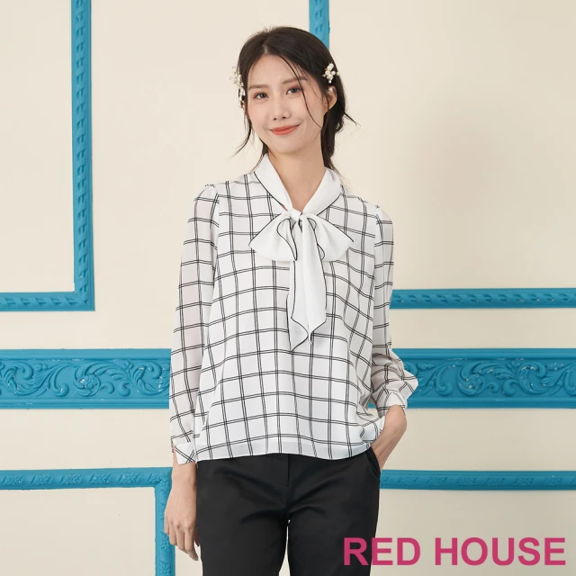 RED HOUSE 蕾赫斯 綁帶蝴蝶結格紋上衣(白色)