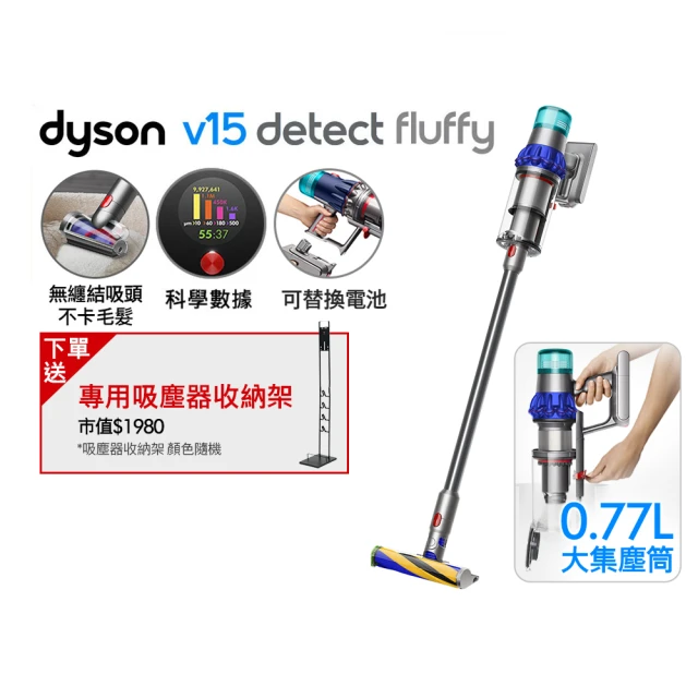 【dyson 戴森】V15 Detect Fluffy SV47 智慧無線吸塵器 光學偵測/除螨機(升級HEPA過濾旗艦款)