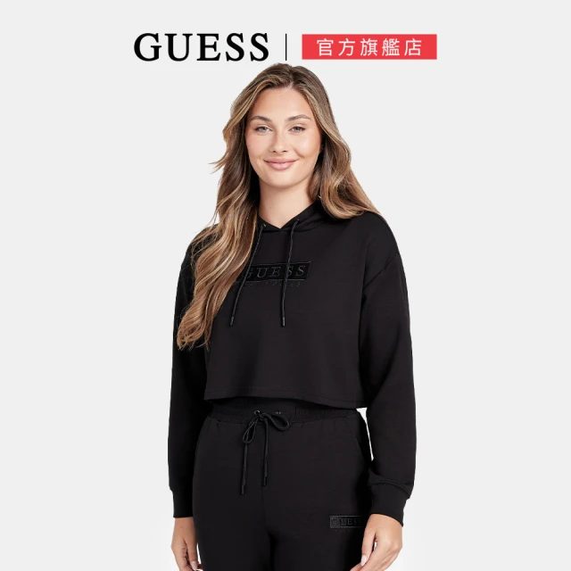 GUESS 刺繡logo短版長袖連帽上衣(黑色)