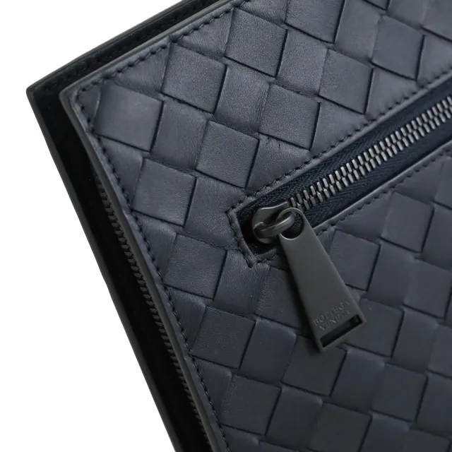 【BOTTEGA VENETA 寶緹嘉】簡約經典手工編織小牛皮大款手拿包商商務包萬用包(藍黑)