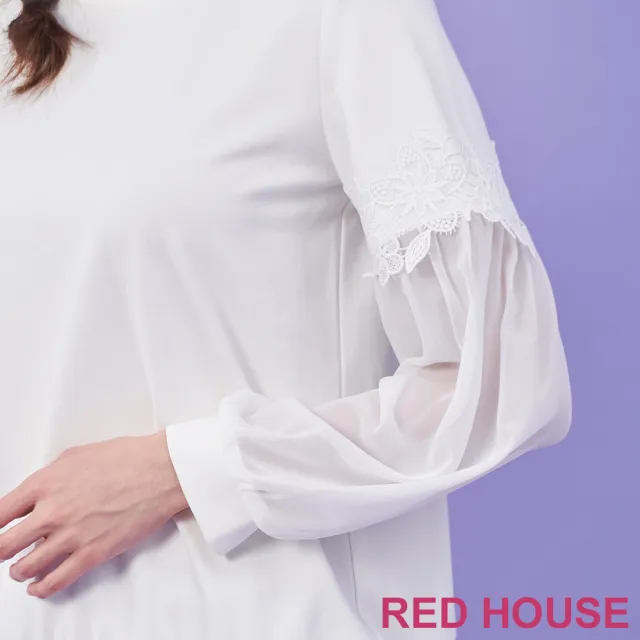 【RED HOUSE 蕾赫斯】花朵蕾絲點綴拼接袖上衣(白色)