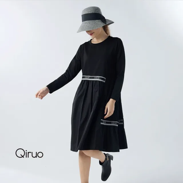 【Qiruo 奇若名品】厚棉質 雙層不規則 拼接 長袖黑色洋裝3056F 