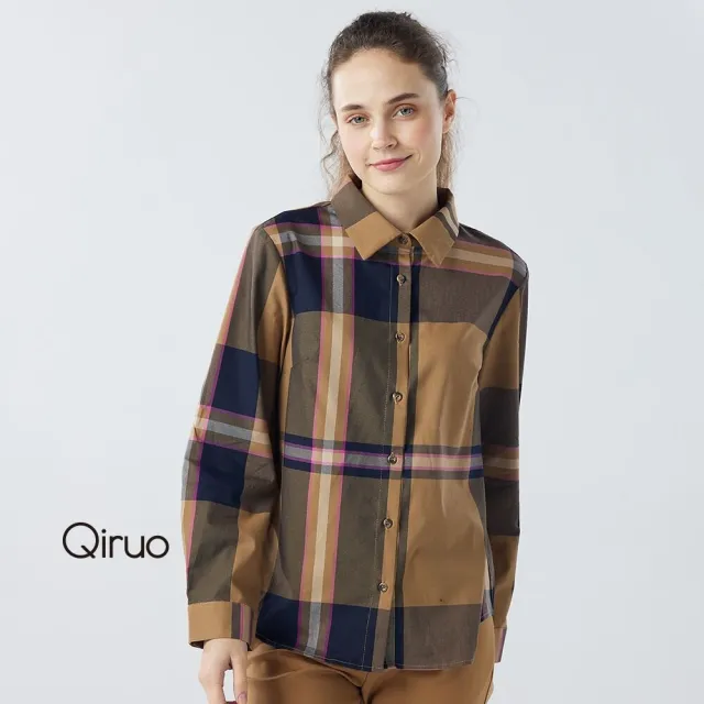 【Qiruo 奇若名品】棉質 鈕扣襯衫長袖格紋休閒襯衫4163A 