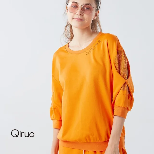 【Qiruo 奇若名品】厚棉質 五分袖水鑽款 下擺束口大園領橘色上衣6008A