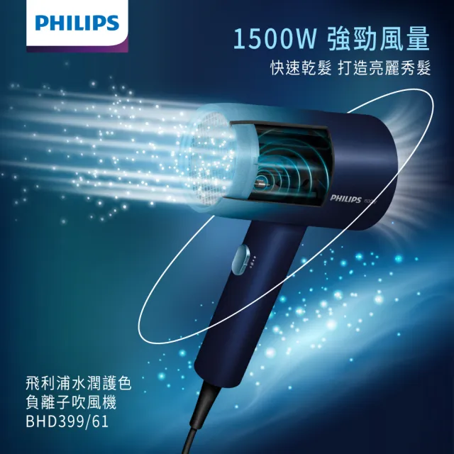 【Philips 飛利浦】水潤護色負離子吹風機-極光星空藍(BHD399/61)