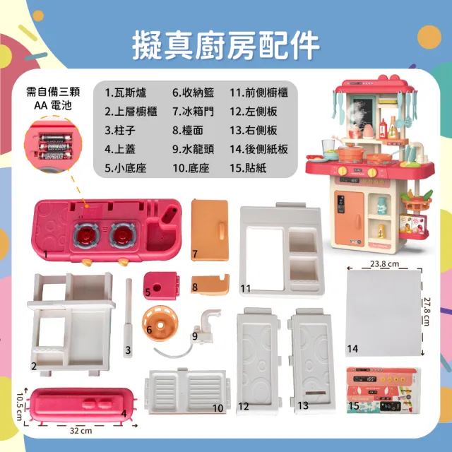【OhBabyLaugh】63cm豪華噴霧廚房玩具+42件套(兒童/生日禮物/扮家家酒/烹飪玩具/仿真/聲光/廚具/瓦斯爐)