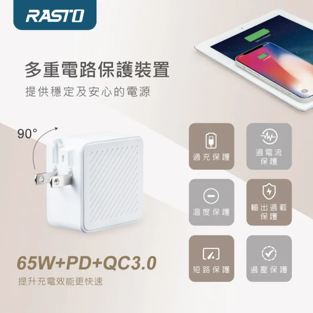 【RASTO】QAC631 C 65WPD氮化鎵3孔充電器 搭100W CtoC充電傳輸線/組(可充筆電)