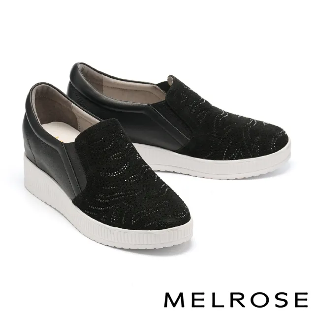 【MELROSE】雙11 美樂斯 日常百搭閃鑽全真皮內增高厚底休閒鞋(黑)