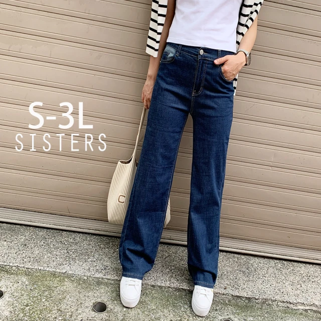 SISTERS 俐落顯瘦的丹寧拚色直筒寬褲 牛仔褲/S-3L(下著/長褲/顯瘦/女裝/寬褲/加大/丹寧)