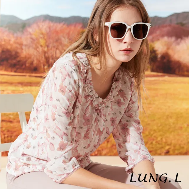 【LUNG.L 林佳樺】LR35A粉色印花抽摺領綁結七分袖上衣(秋冬新品 加大尺碼)