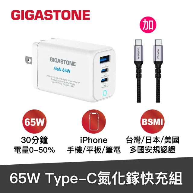 GIGASTONE 立達 GaN 65W 氮化鎵三孔快充充電器+C to C 100W快充傳輸線(支援iPhone16/Mac/Switch充電頭)