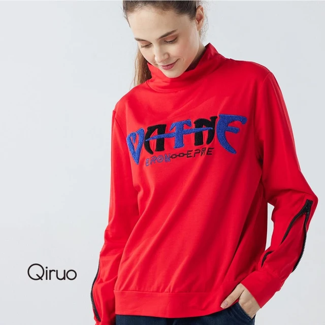 Qiruo 奇若名品 秋冬專櫃紅色長袖上衣3078A立領英文字母設計(M-2XL)