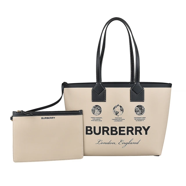 BURBERRY 巴寶莉 BURBERRY LONDON字母LOGO地球棉質滾邊小牛皮肩背子母托特包(小/米)