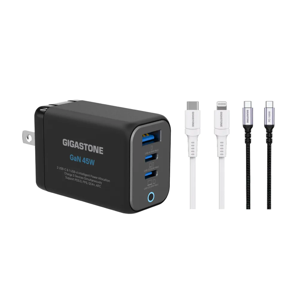 【GIGASTONE 立達】GaN 45W氮化鎵三孔充電器+C to C+C to Lightning快充雙線組(支援iPhone16/Mac充電頭)