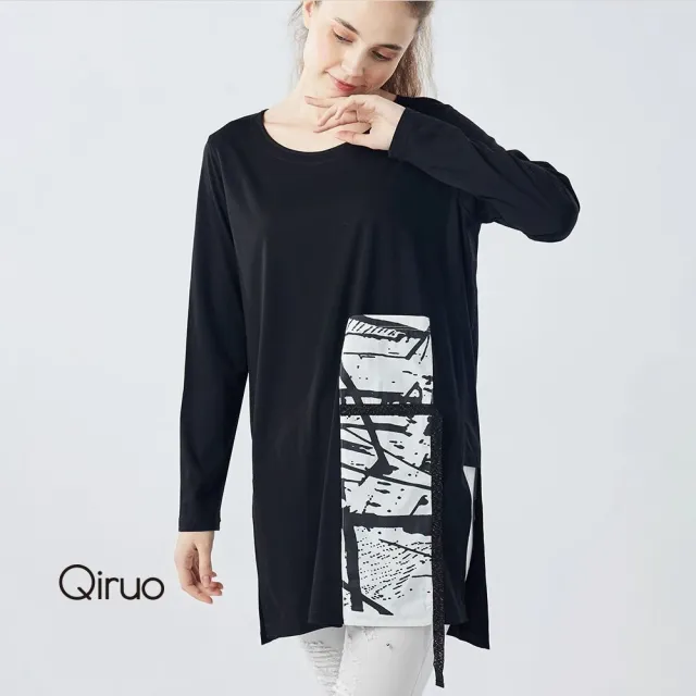 【Qiruo 奇若名品】棉質 U領長版遮臀 雙開叉黑色上衣2129A