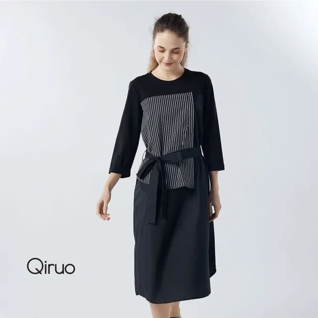【Qiruo 奇若名品】雙布料兩件式 長袖七分袖 腰部蝴蝶結黑色洋裝2097F 