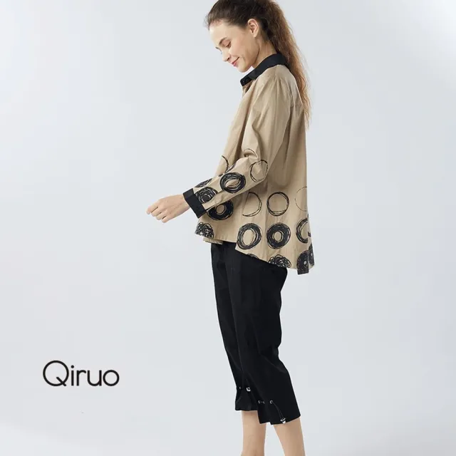 【Qiruo 奇若名品】精細棉 鬆緊腰 腳口鬆緊設計 黑色休閒褲3066C 