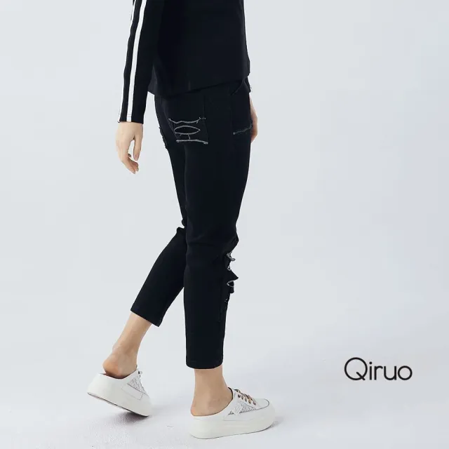 【Qiruo 奇若名品】彈性牛仔布料 鬆緊腰 黑色緊身九分褲2111C 