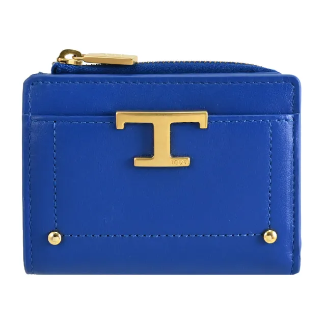 【TOD’S】TODS T Timeless 金屬T LOGO小牛皮扣式零錢短夾(寶藍)