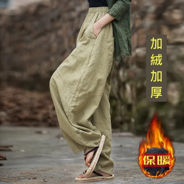 【米蘭精品】現貨+預購 休閒褲棉麻長褲(苧麻炒色做舊加絨加厚冬季女褲子4色74in15)