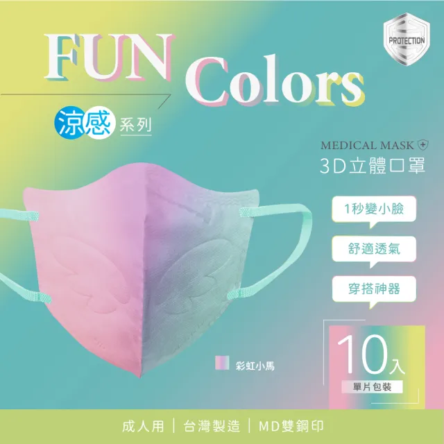 【HC浩城-Fun Colors 漸層版 3D涼感口罩-任選3盒組(30片)】-單片包裝- KN95(1秒變小臉 台灣製造 醫療級)