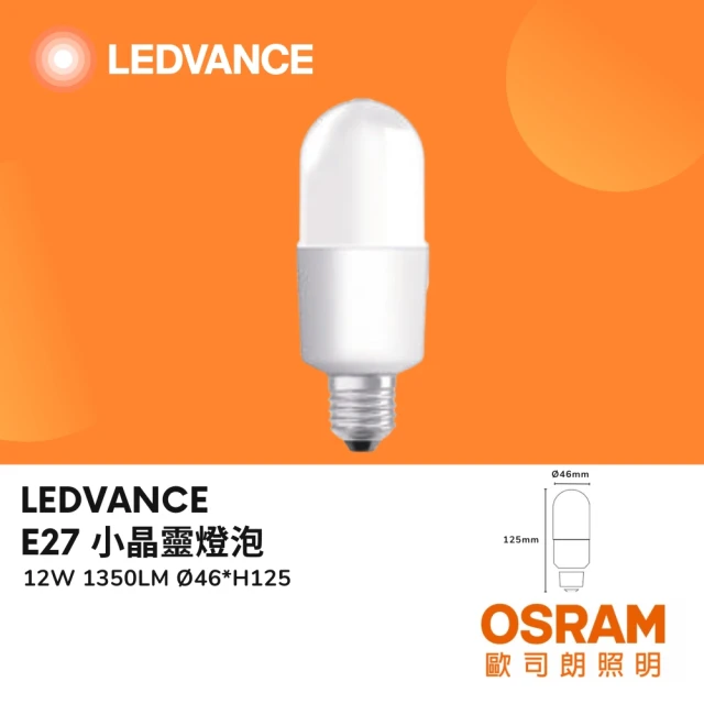 Osram 歐司朗 2入組 E27 12W小晶靈燈泡 LED球泡 冰棒燈 LED燈泡 12瓦(白光/自然光/黃光)