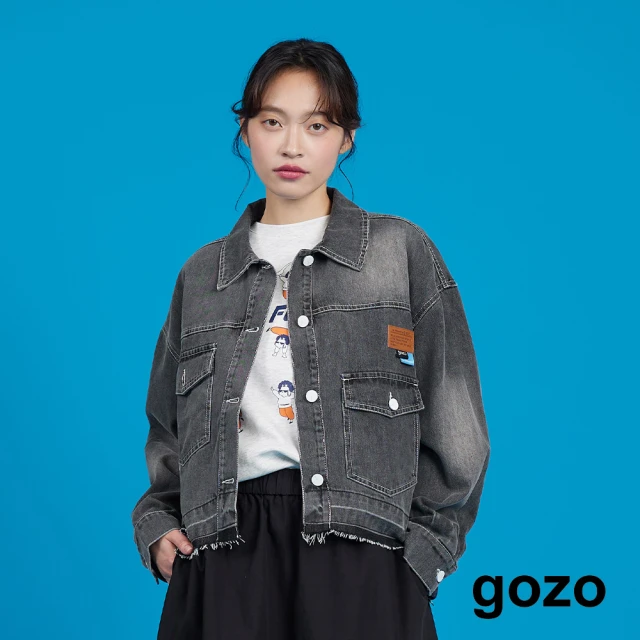 gozo 皮標造型尼龍拼接牛仔外套(兩色)