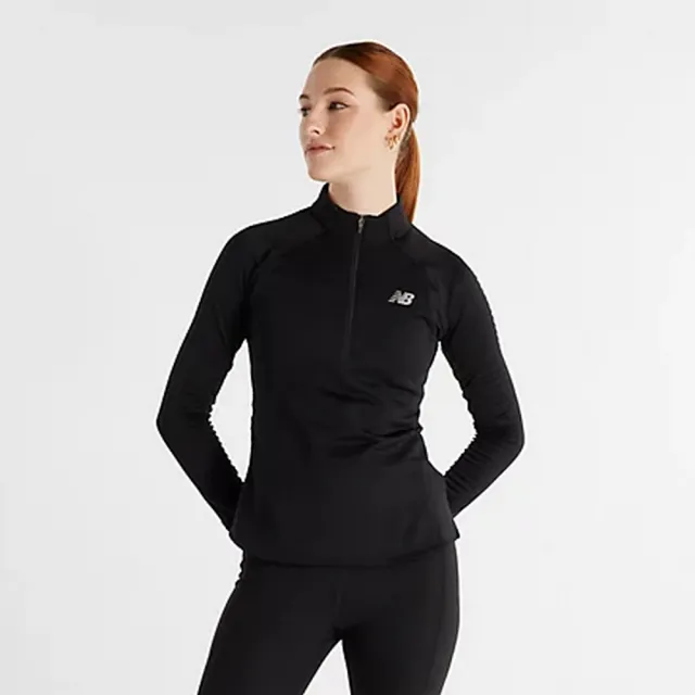 【NEW BALANCE】 NB 半開襟上衣 圓領套頭衫 長袖立領上衣 女款 黑色(WT43200BK-F)