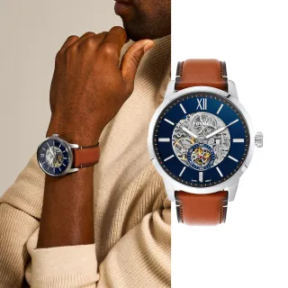 【FOSSIL 官方旗艦館】Townsman 摩登都會深藍機械手錶 棕色真皮錶帶 48MM ME3154 雙12限定