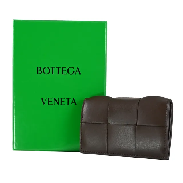 【BOTTEGA VENETA 寶緹嘉】簡約大格手工編織小牛皮信用卡名片證件零錢包(深咖)