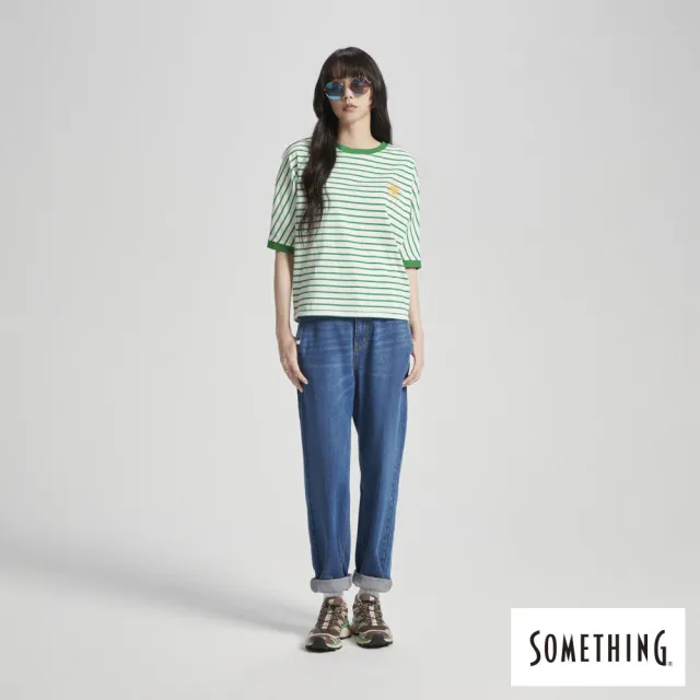 【SOMETHING】女裝 條紋向日葵連袖寬版短袖T恤(綠色)