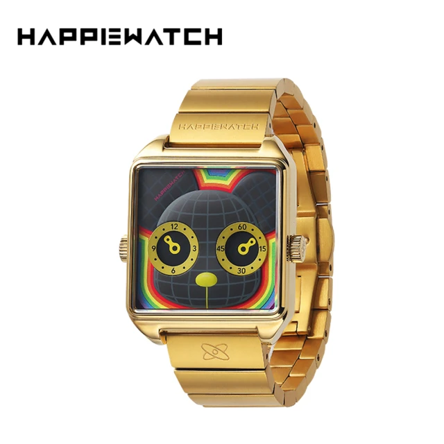 HappieWatch 潮流品牌 立體Qee聯名熊 方形金框 鋼帶/矽膠手錶套組 小怪獸腕錶 36mm(H104LMSKM02ZH)