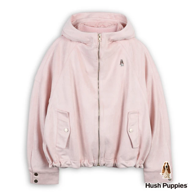 Hush Puppies 女裝 外套 素色空氣層麂皮絨刺繡小狗休閒連帽外套(淺粉紅 / 44217206)