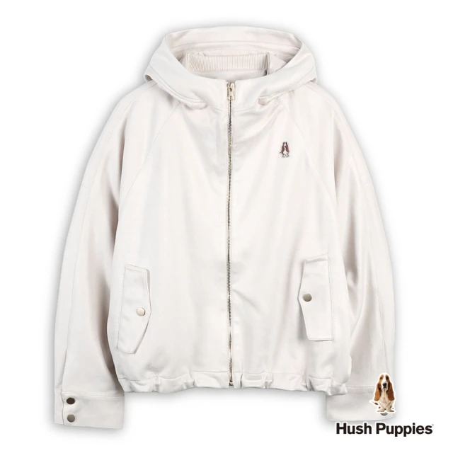 Hush Puppies 女裝 外套 素色空氣層麂皮絨刺繡小狗休閒連帽外套(淺卡其 / 44217206)